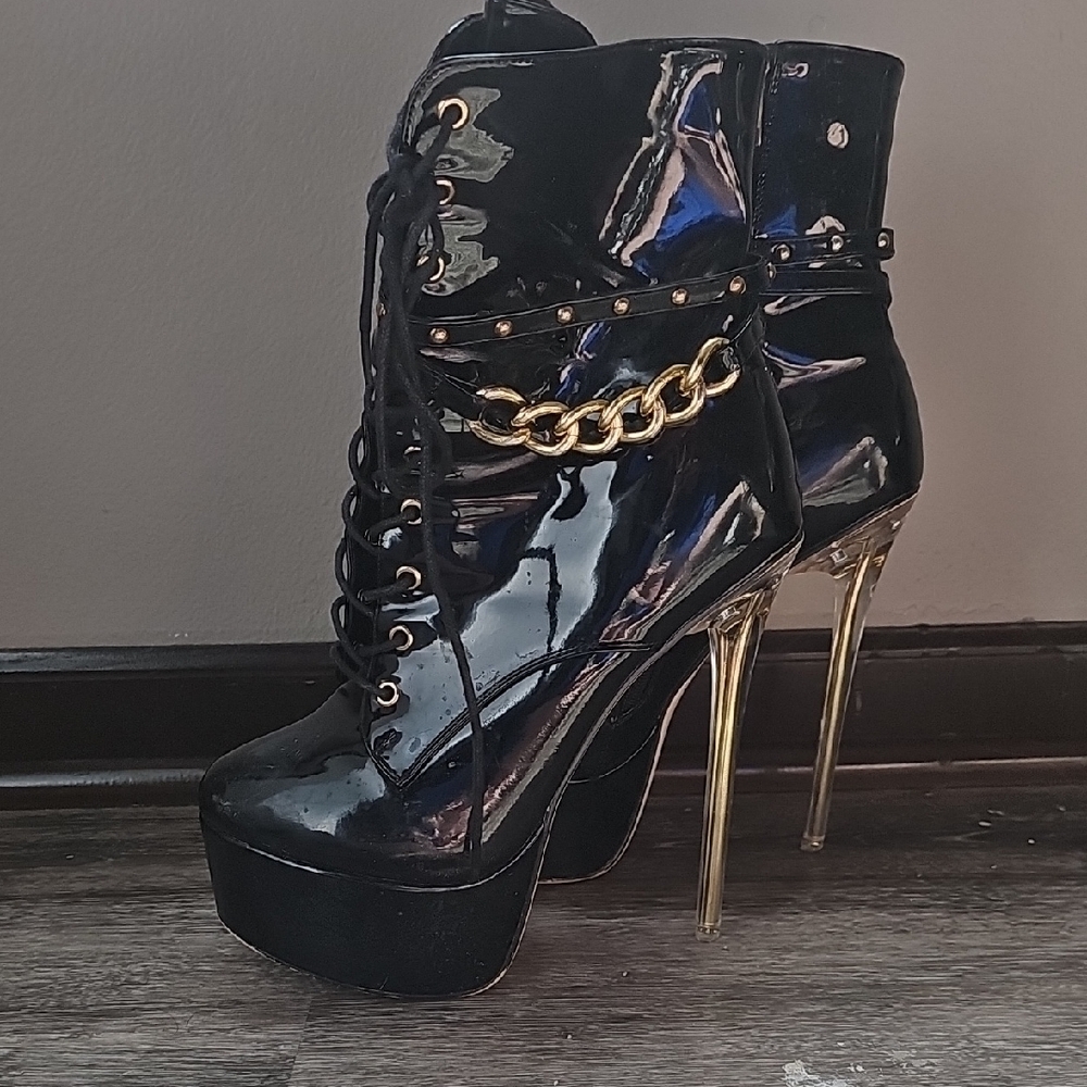 Black and Gold High Heel Ankle Boots